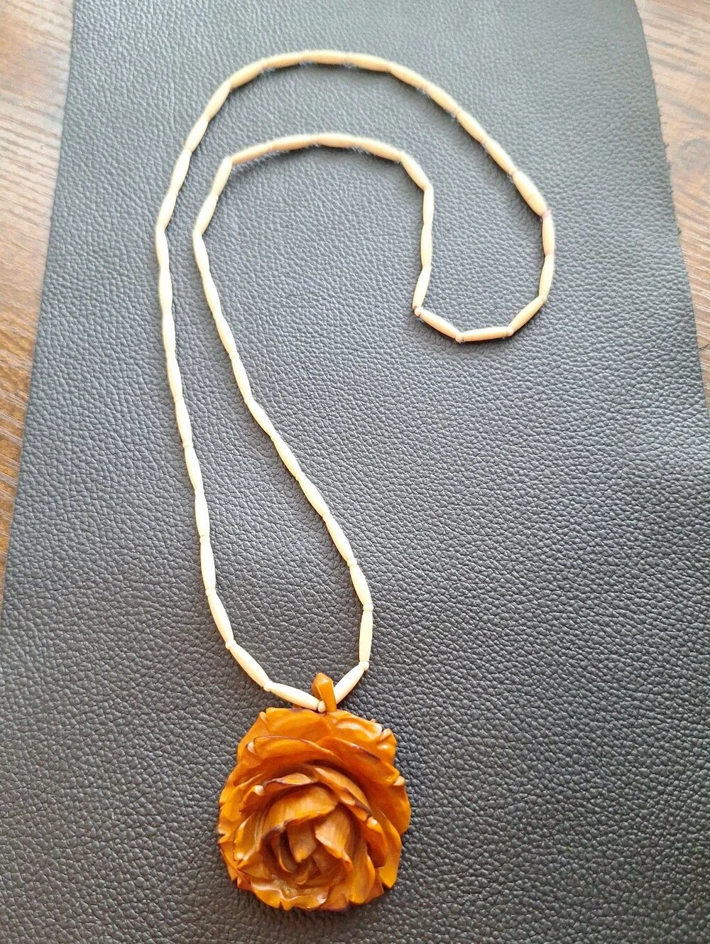 Bakelite Rose Pendant Butterscotch Carved Flower 1900s Carved Necklace Antique